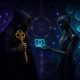 A crypto wallet holder keeps a gold master key while handing a smaller timed session keycard to an app agent, with a spend cap and countdown on the card.