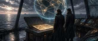 Graphic novel illustration of sovereign state officials managing cold-storage keys for a national strategic bitcoin reserve in a high-security facility.