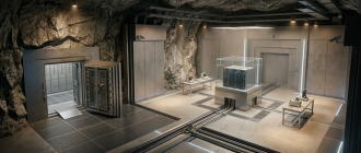 Subterranean architectural cutaway of a sovereign wealth cryptographic vault engineered within a mountain reserve facility.