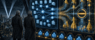 Graphic novel illustration of institutional settlement directors monitoring tokenized money market fund minting and on-chain collateral routing.